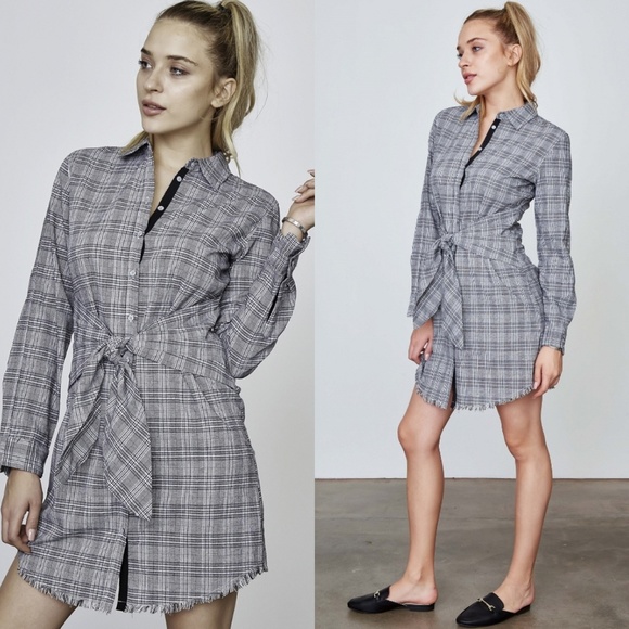 💖Gray Plaid Tunic Shirtdress w. Frayed Hem - Picture 3 of 4